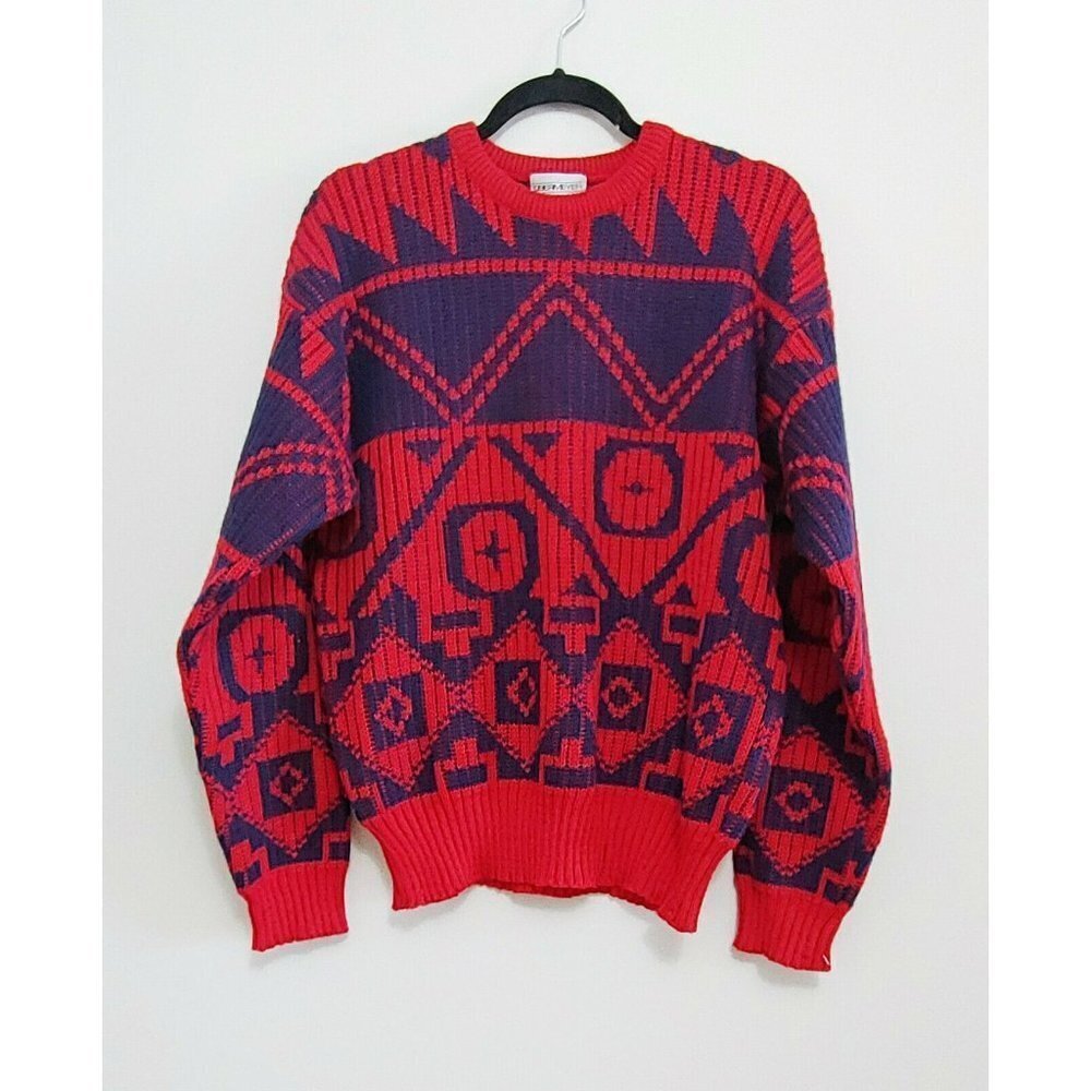 Obermeyer Vintage Men's Wool Sweater Size  Large Red Blue Patterned Ribbed